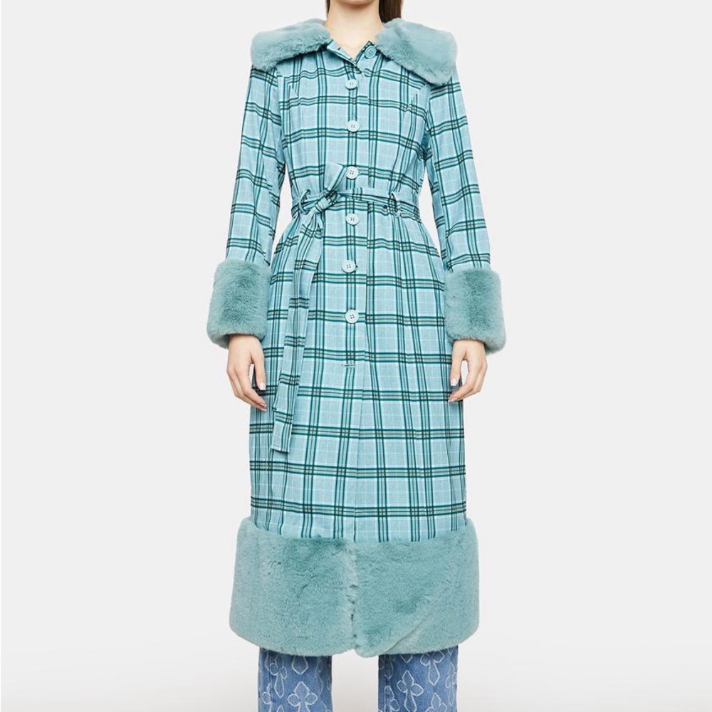 Plaid Blue/teal Long Coat with Faux Fur Trim
